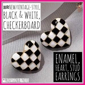 🏁NEW/Vintage-Style, Black & White, Checkerboard, Enamel, Stud Earrings